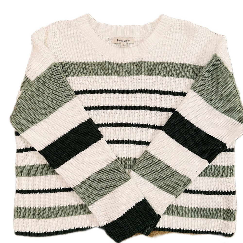 NWOT Francesca's Collections Cream, Olive & Black Striped Crewneck Sweater